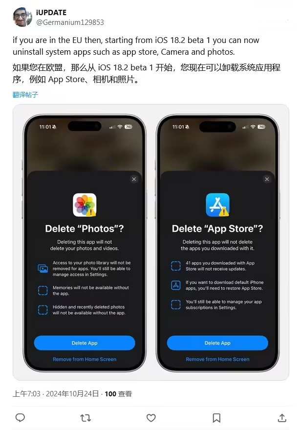 公坡镇苹果手机维修分享iOS 18.2 支持删除 App Store 应用商店 