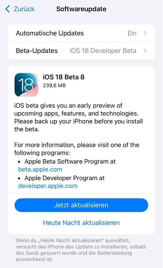 公坡镇苹果手机维修分享苹果 iOS / iPadOS 18 开发者预览版 Beta 8 发布 